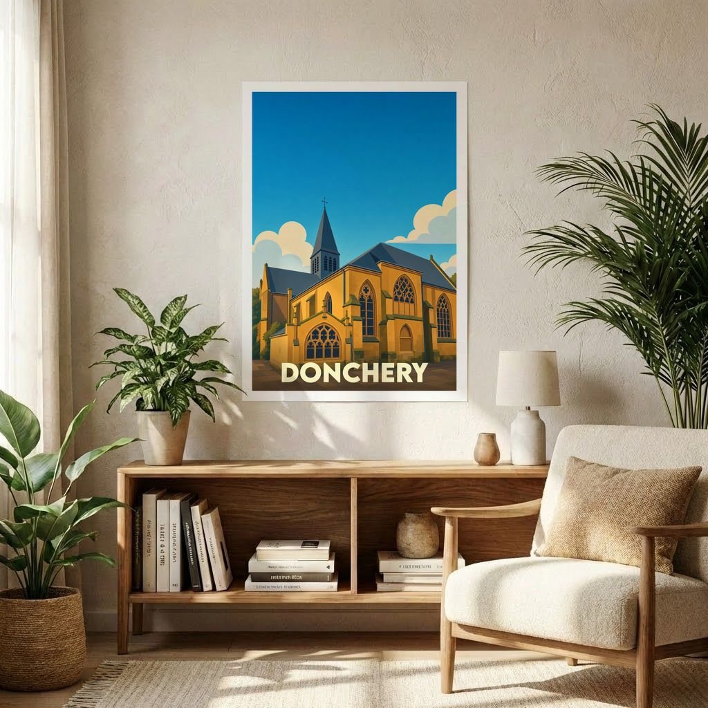 Affiche souvenir de la ville de Donchery avec une illustration stylisée de son église.