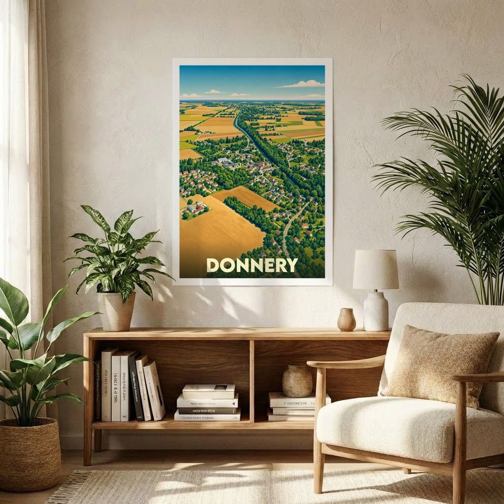 Affiche souvenir de la ville de Donnery avec une illustration aérienne et stylisée de ses paysages.