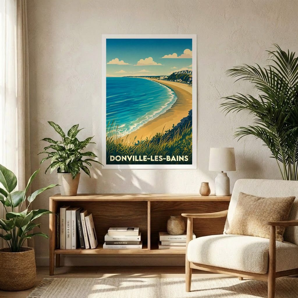 Affiche souvenir de la ville de Donville-les-Bains avec une illustration stylisée de sa plage.