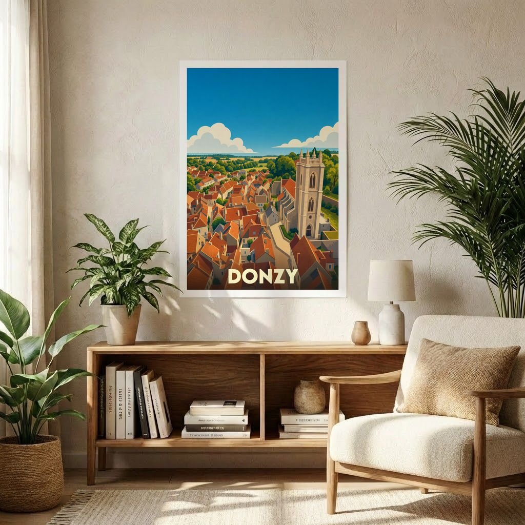 Affiche souvenir de la ville de Donzy avec une illustration stylisée d'un panorama urbain.