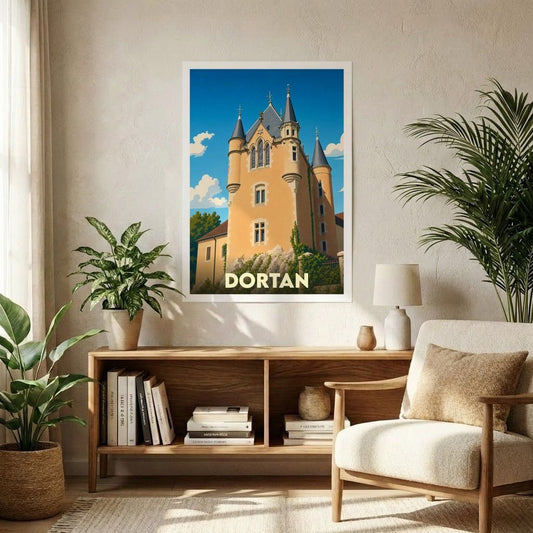 Affiche souvenir de la ville de Dortan avec une illustration stylisée d'un château.