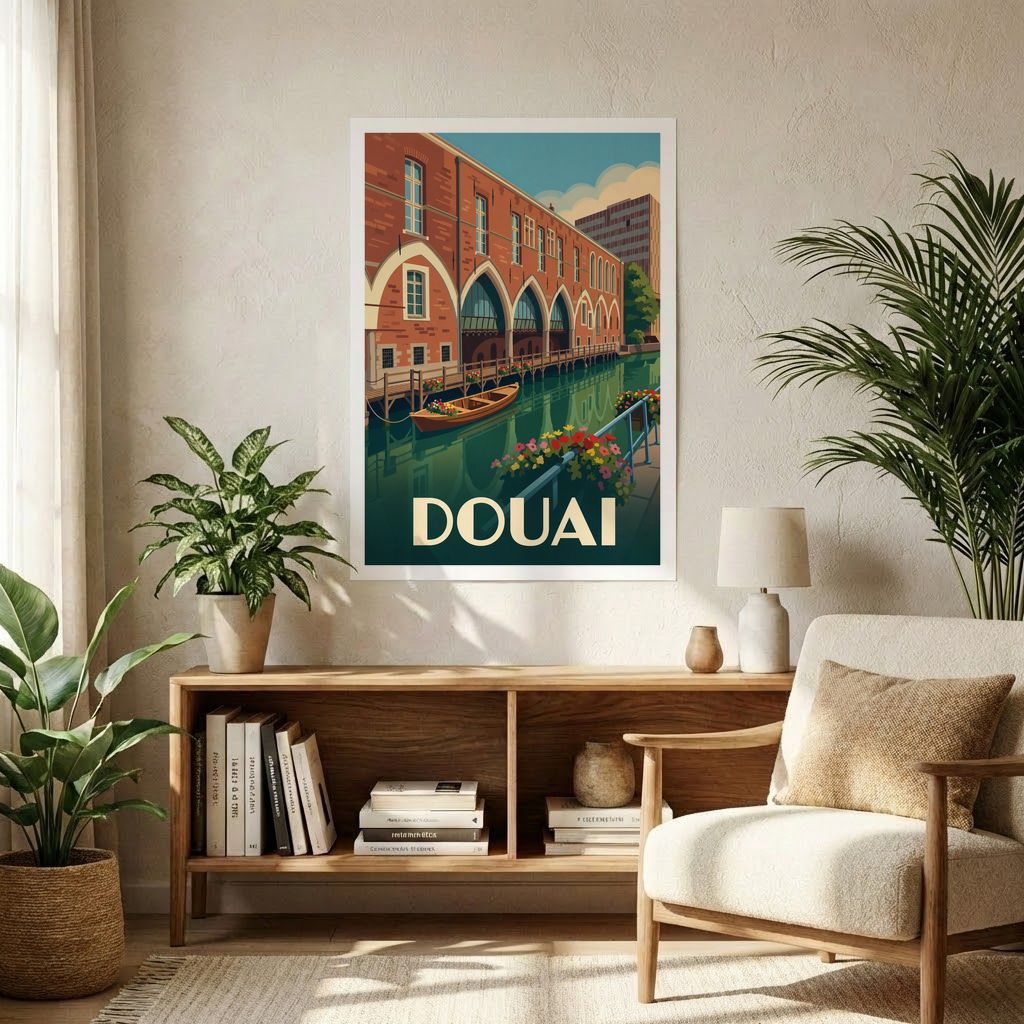 Affiche souvenir de la ville de Douai avec une illustration stylisée de ses canaux et de son architecture en briques.