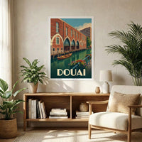 Affiche souvenir de la ville de Douai avec une illustration stylisée de ses canaux et de son architecture en briques.