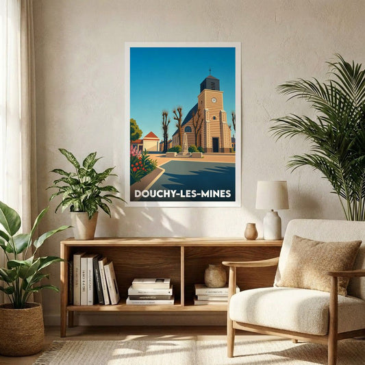 Affiche souvenir de la ville de Douchy-les-Mines avec une illustration stylisée de son église et de sa place.