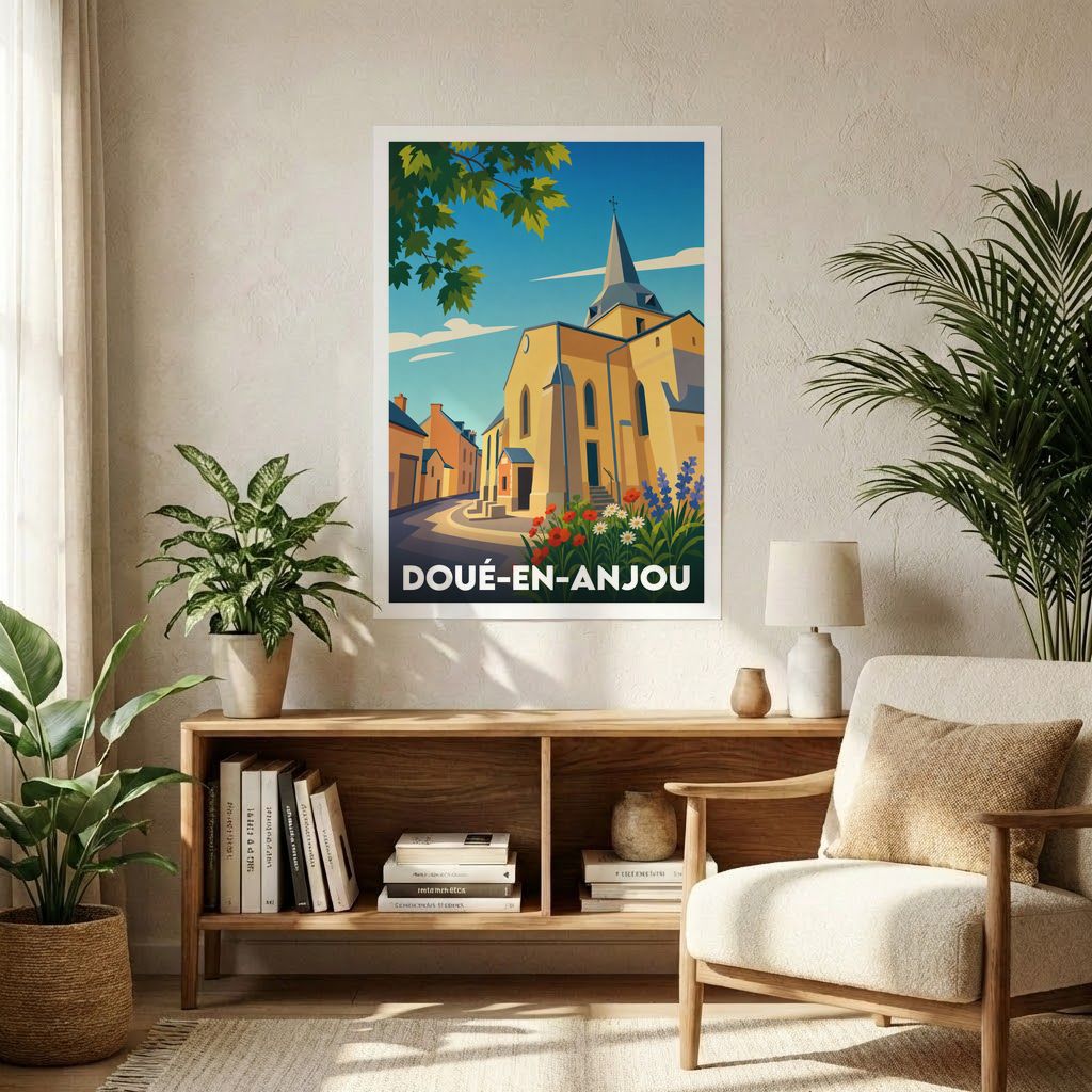 Affiche souvenir de la ville de Doué-en-Anjou avec une illustration stylisée et colorée de son église.