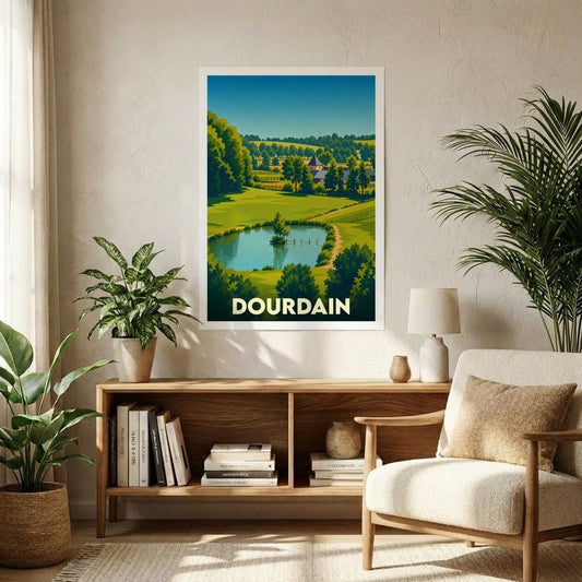 Affiche souvenir de la ville de Dourdain avec une illustration stylisée de son paysage champêtre.
