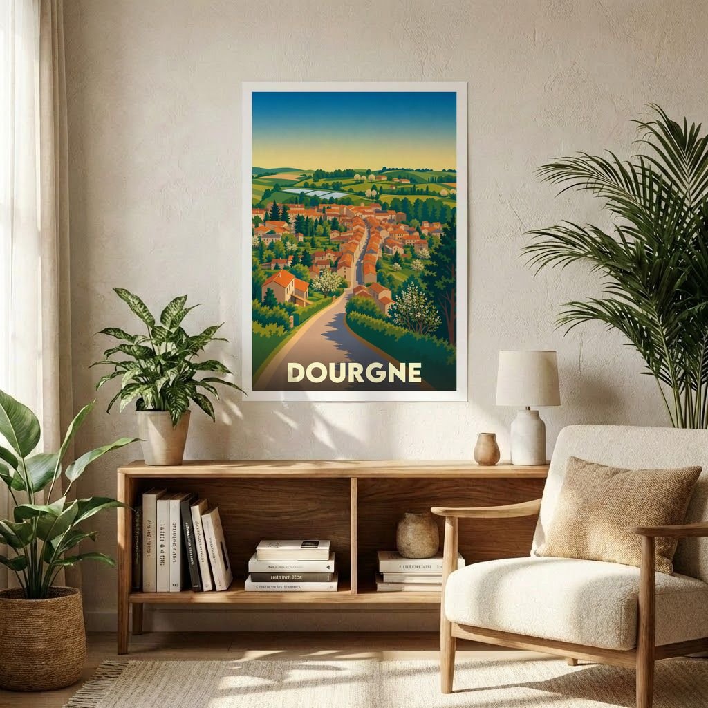 Affiche souvenir de la ville de Dourgne avec une illustration stylisée d'un village vallonné.