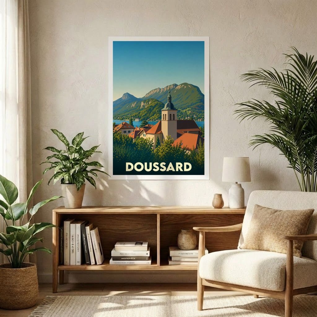 Affiche souvenir de la ville de Doussard avec une illustration stylisée de son église face aux montagnes et au lac.