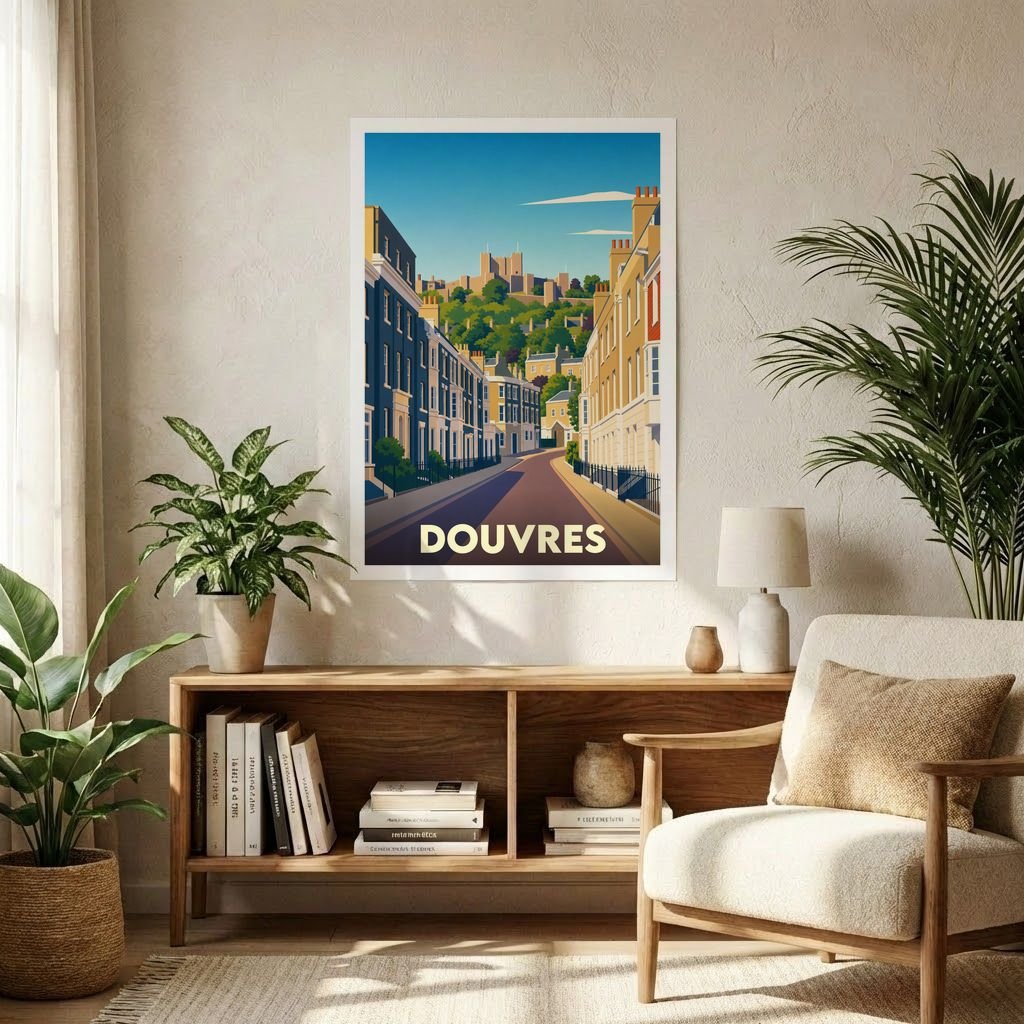 Affiche souvenir de la ville de Douvres présentant une illustration stylisée de ses rues et de son château.