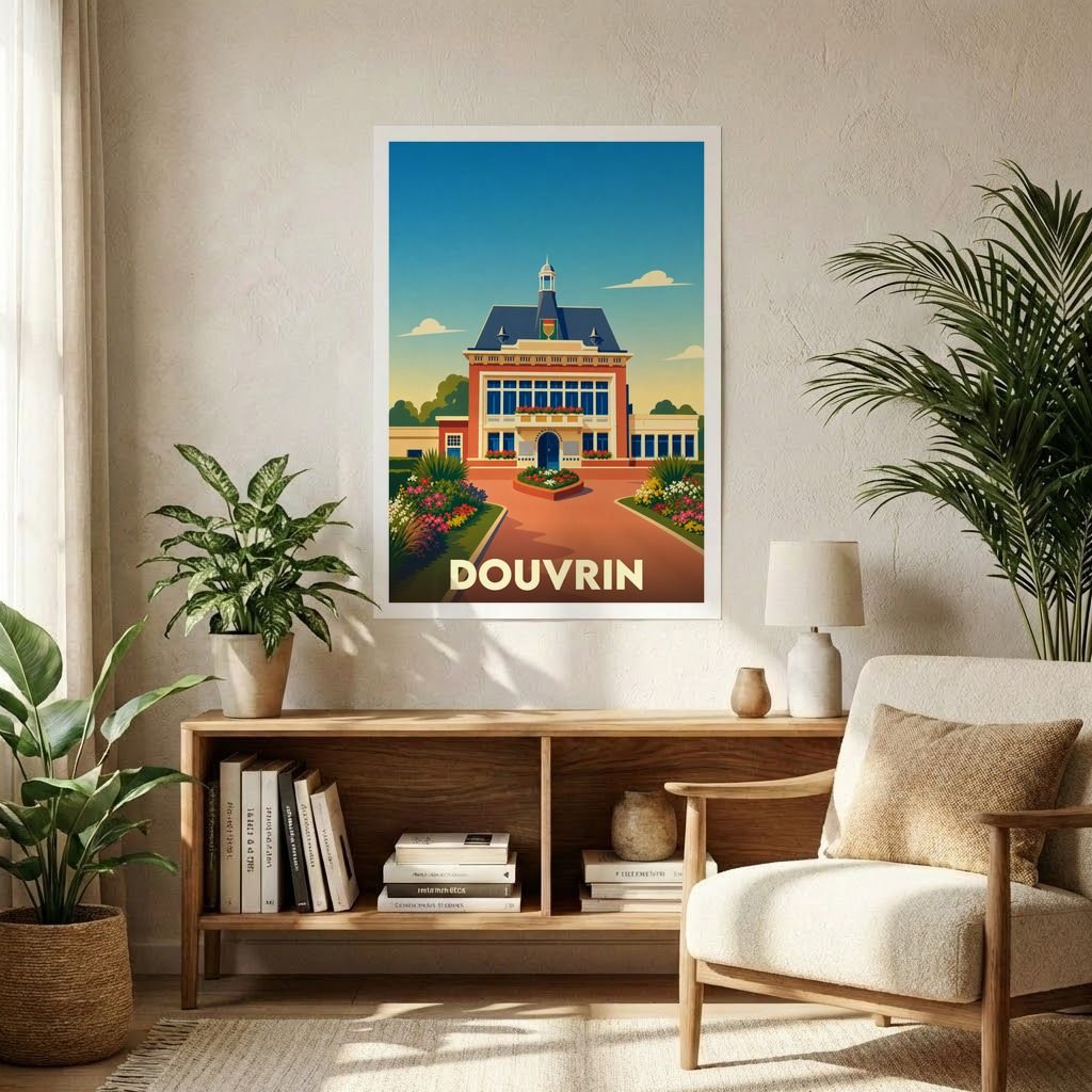Affiche souvenir de la ville de Douvrin avec une illustration stylisée de son hôtel de ville.