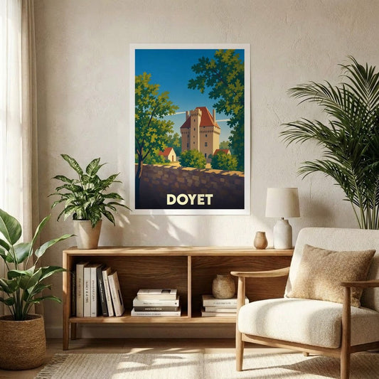 Affiche souvenir de la ville de Doyet avec une illustration stylisée représentant son patrimoine architectural.