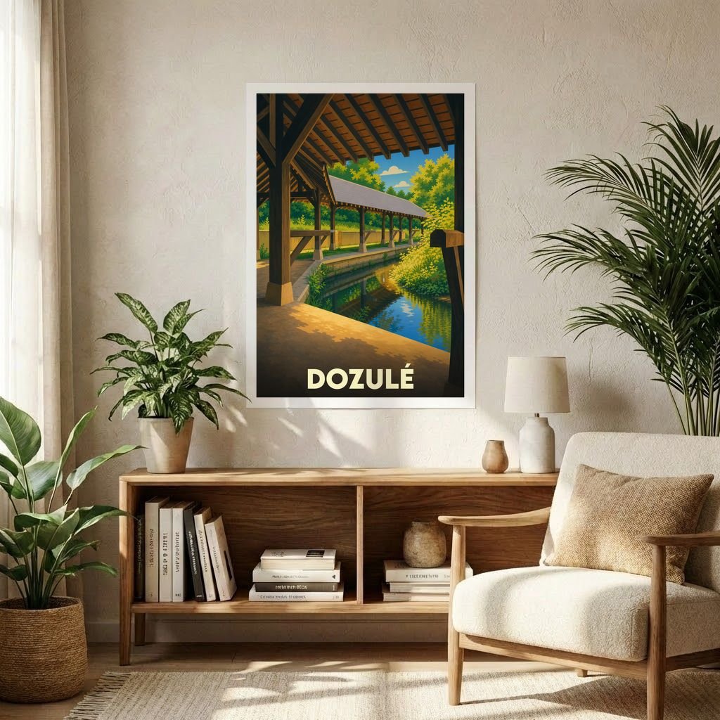 Affiche souvenir de la ville de Dozulé illustrant son lavoir historique dans un style graphique épuré.