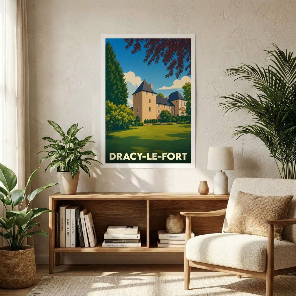 Affiche souvenir de la ville de Dracy-le-Fort représentant son château dans un style graphique rétro.