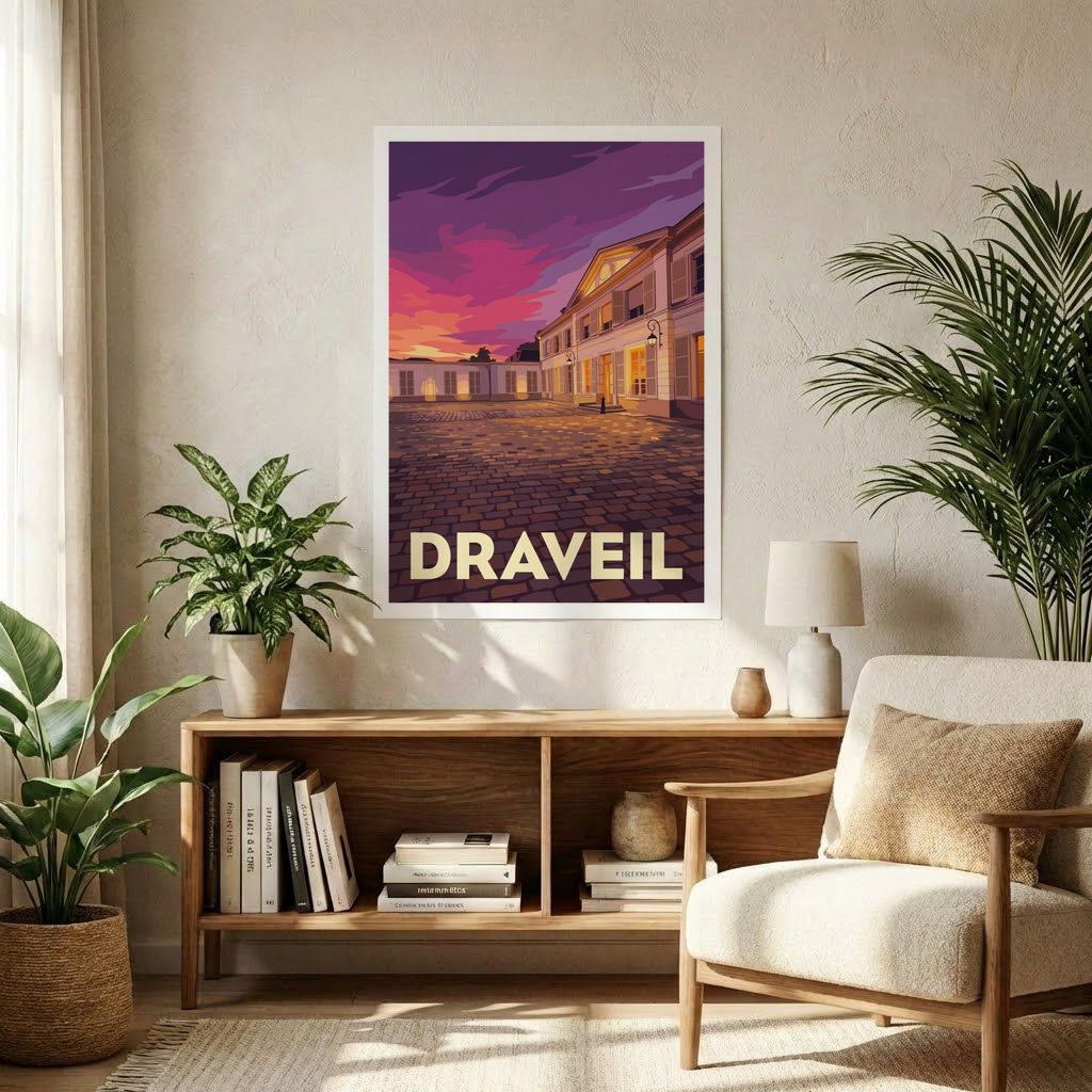 Affiche souvenir de la ville de Draveil avec une illustration stylisée d'un bâtiment au coucher du soleil.