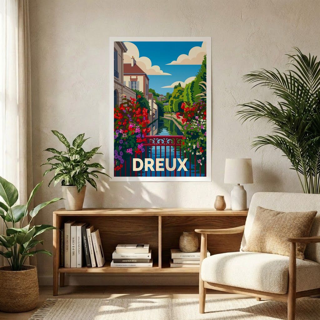 Affiche souvenir de la ville de Dreux avec une illustration stylisée et colorée d'un canal fleuri.