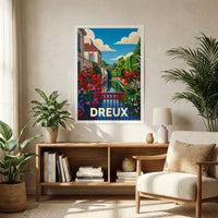 Affiche souvenir de la ville de Dreux avec une illustration stylisée et colorée d'un canal fleuri.