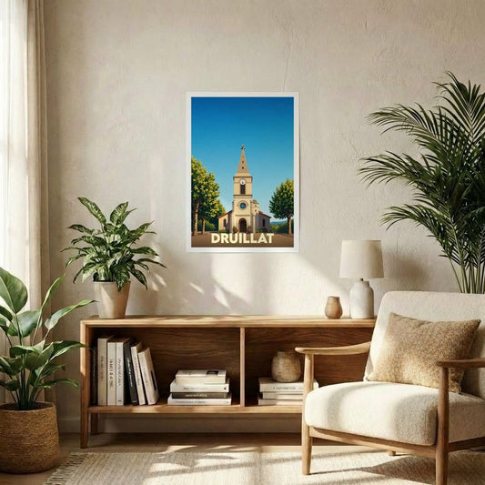 Affiche souvenir de la ville de Druillat illustrant son église dans un style graphique épuré.
