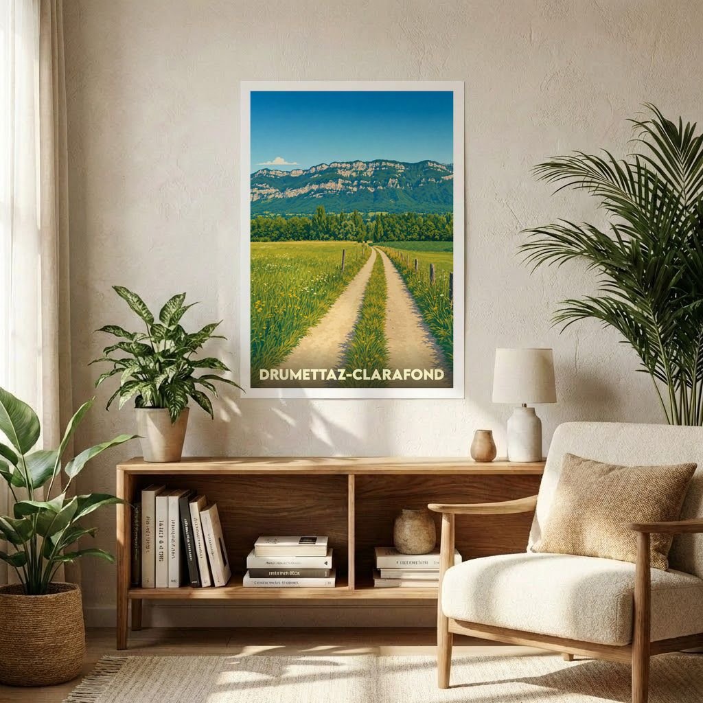 Affiche souvenir de la ville de Drumettaz-Clarafond illustrant un chemin de campagne face aux montagnes.