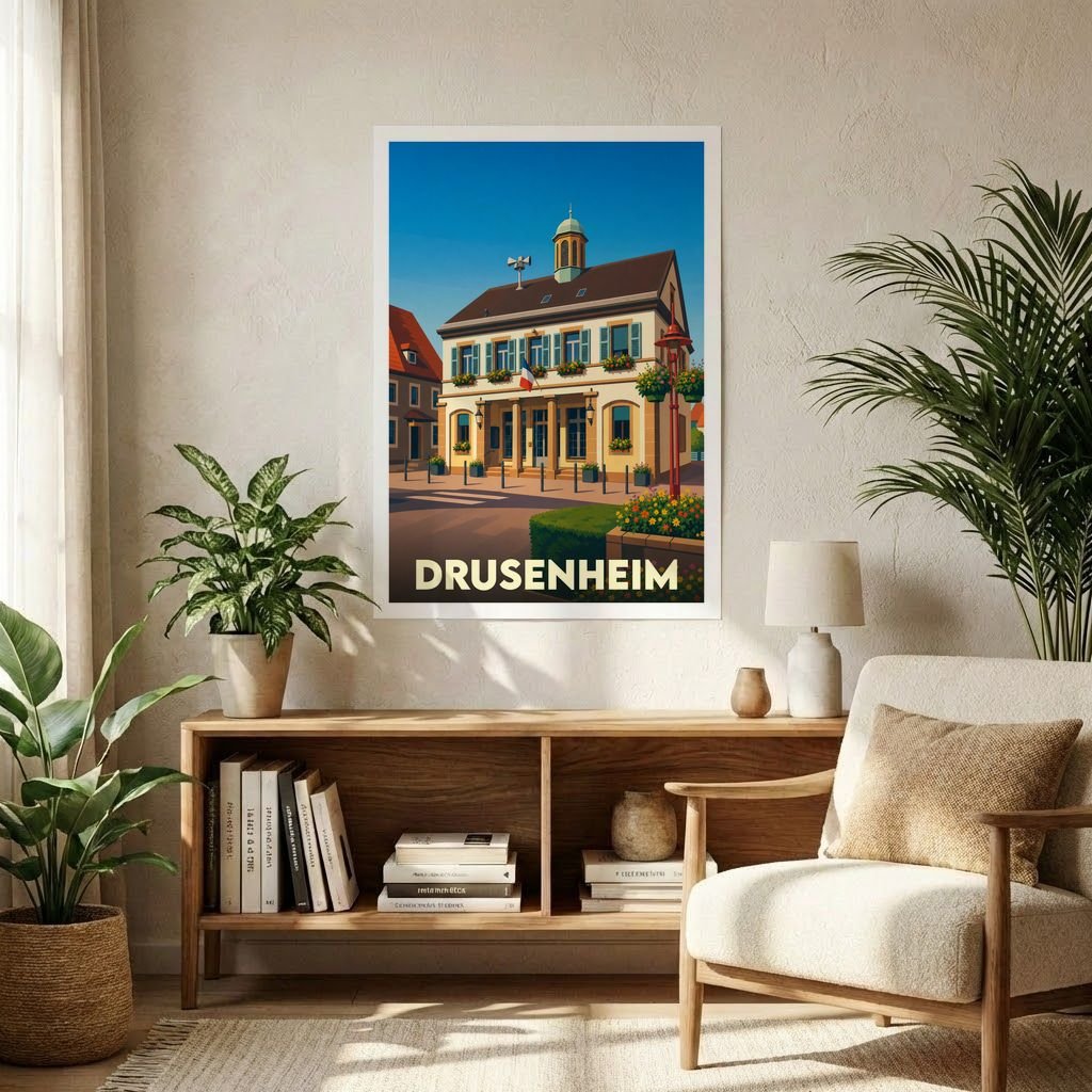 Affiche souvenir de la ville de Drusenheim avec une illustration stylisée de son architecture typique.
