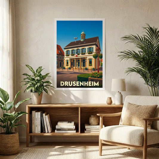 Affiche souvenir de la ville de Drusenheim avec une illustration stylisée de son architecture typique.