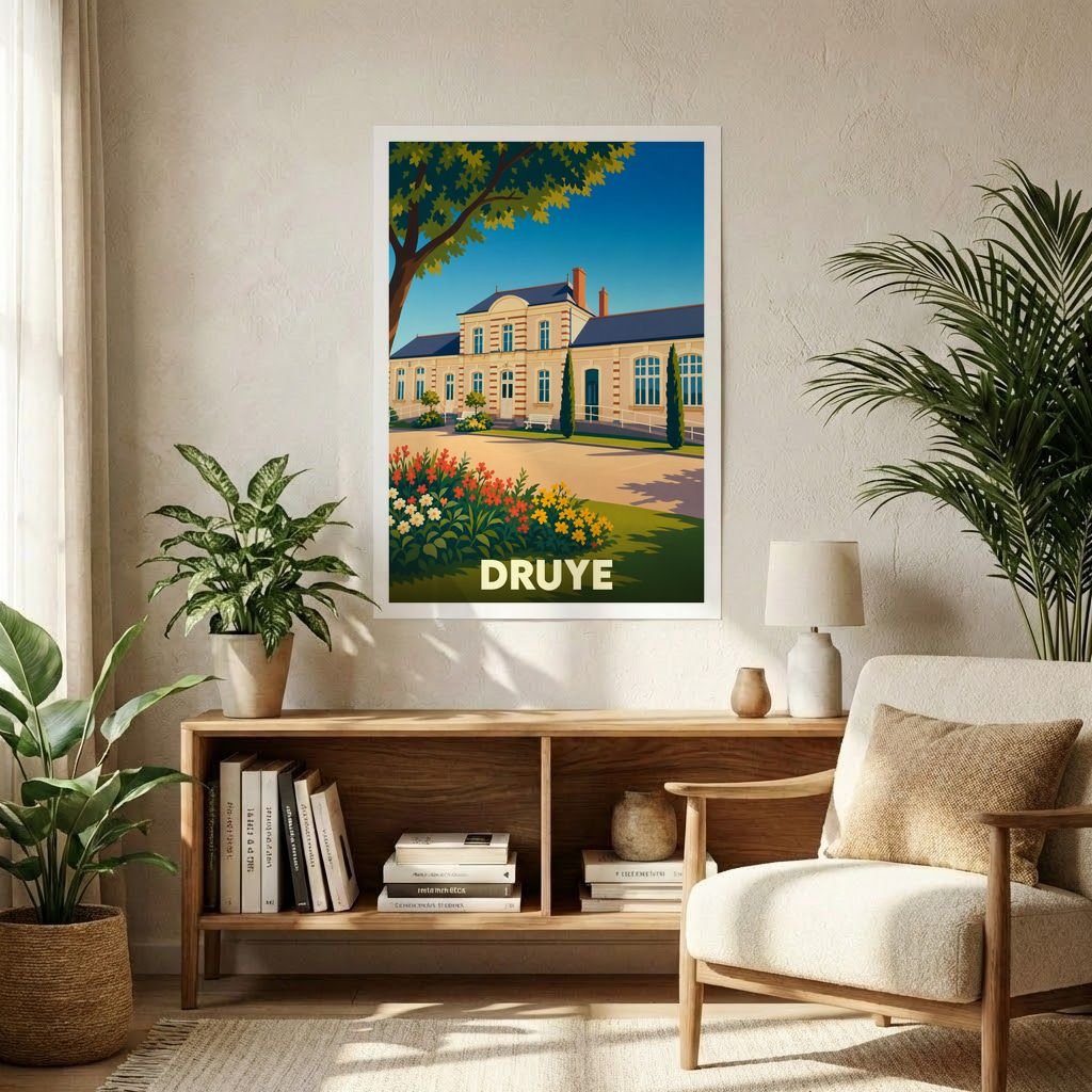 Affiche souvenir de la ville de Druye illustrant son architecture et ses jardins dans un style rétro.
