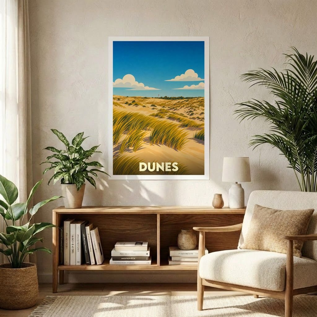 Affiche souvenir de la ville de Dunes avec une illustration stylisée de paysages dunaires.