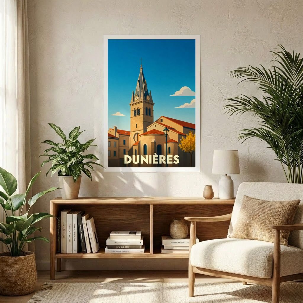 Affiche souvenir de la ville de Dunières avec une illustration stylisée de son église sous un ciel bleu.