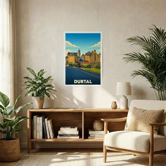 Affiche souvenir de la ville de Durtal avec une illustration stylisée et colorée.