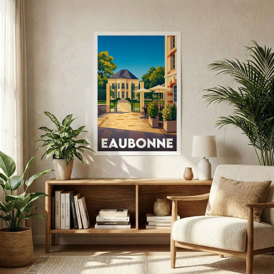 Affiche souvenir de la ville d'Eaubonne avec une illustration stylisée d'une place ensoleillée.