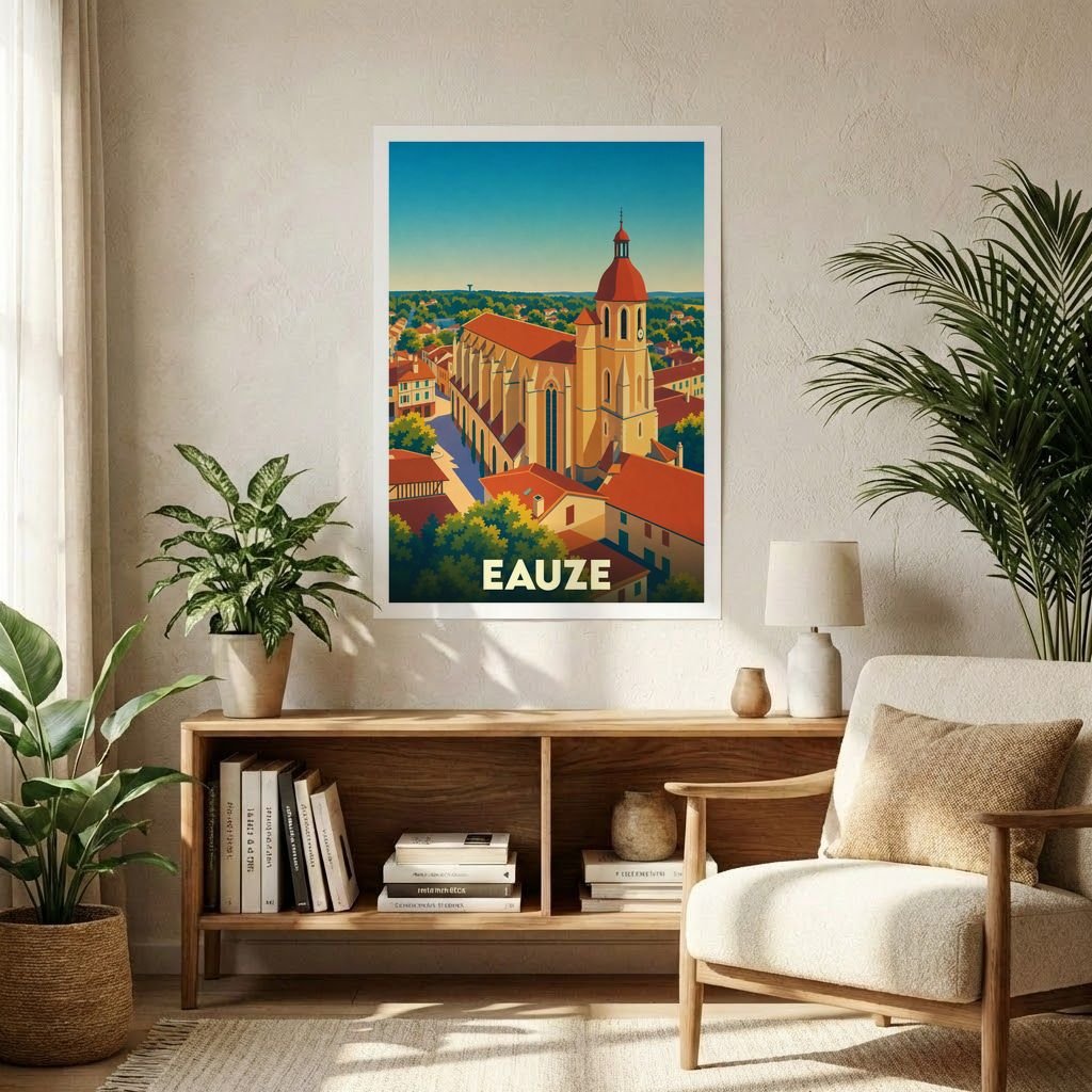 Affiche souvenir de la ville d'Eauze avec une illustration stylisée de sa cathédrale et de ses toits rouges.