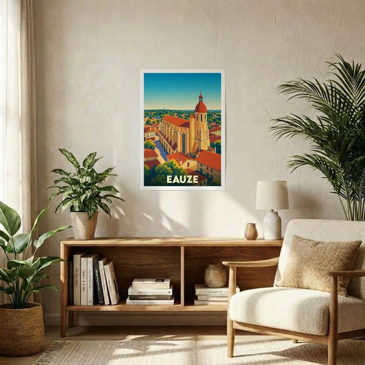 Affiche souvenir de la ville de Eauze représentant son église et ses toits dans un style graphique rétro.