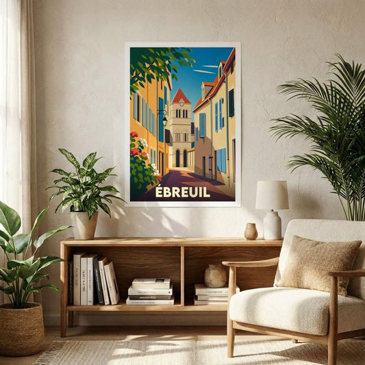 Affiche souvenir de la ville d'Ébreuil présentant une illustration stylisée d'une ruelle ensoleillée menant à son clocher typique.