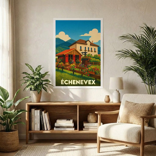 Affiche souvenir de la ville de Échenevex avec une illustration stylisée et colorée de paysages locaux.