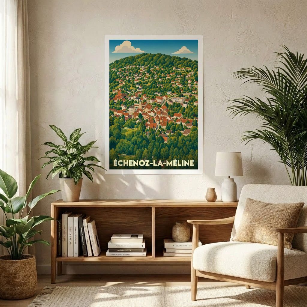 Affiche souvenir de la ville de Échenoz-la-Méline avec une illustration stylisée d'un village vallonné.