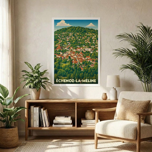 Affiche souvenir de la ville de Échenoz-la-Méline avec une illustration stylisée d'un village vallonné.