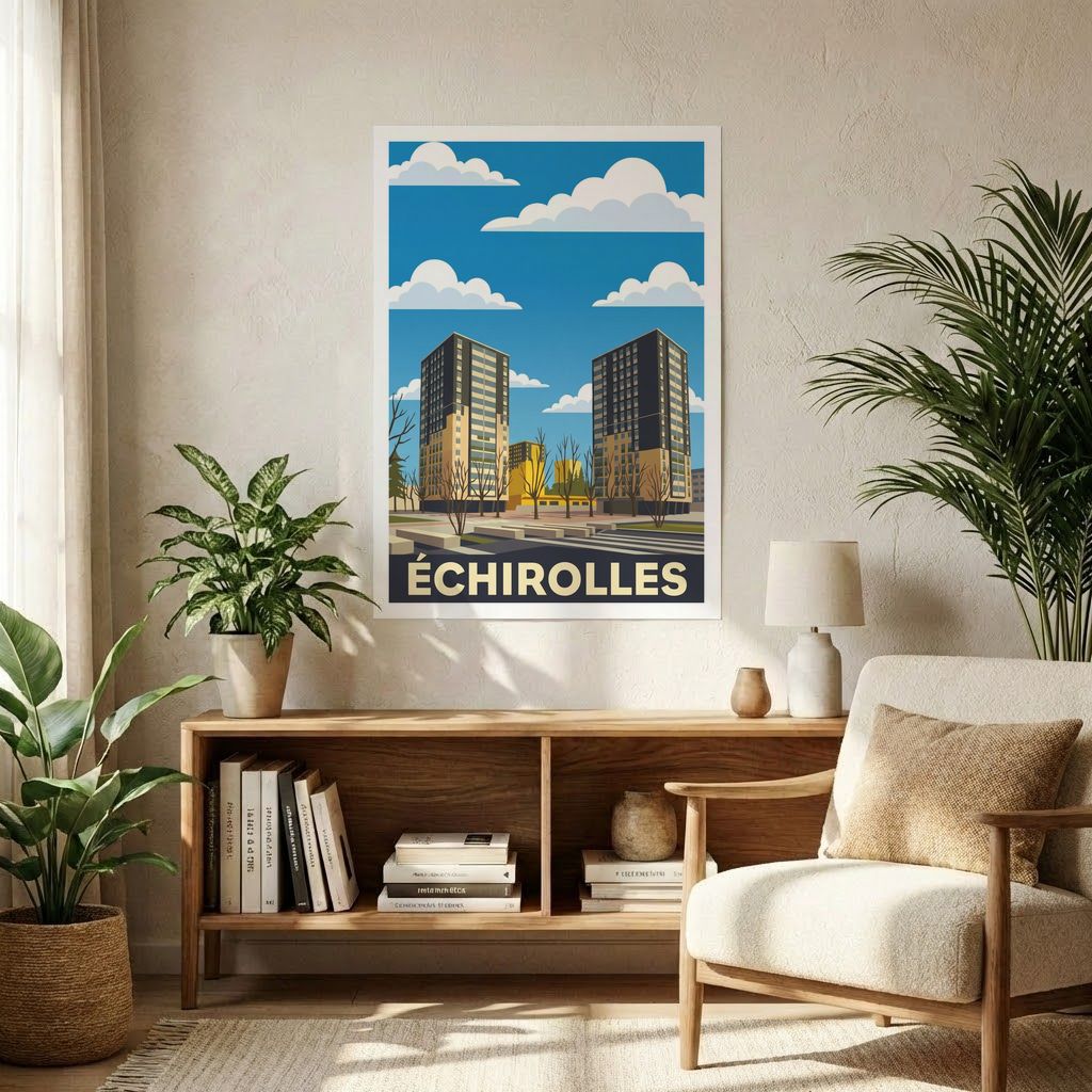 Affiche souvenir de la ville de Échirolles avec une illustration stylisée de ses immeubles modernes sous un ciel nuageux.