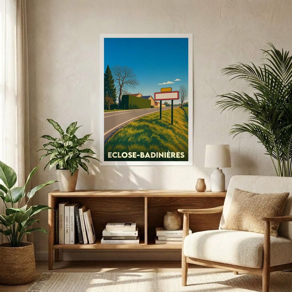Affiche souvenir de la ville d'Eclose-Badinières avec une illustration stylisée d'un paysage rural.