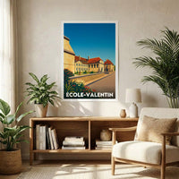 Affiche souvenir de la ville de École-Valentin avec une illustration stylisée de son architecture.