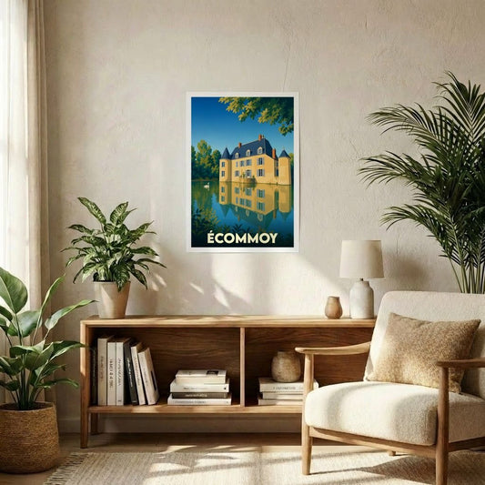 Affiche souvenir de la ville d'Écommoy présentant une illustration stylisée d'un château se reflétant dans l'eau.