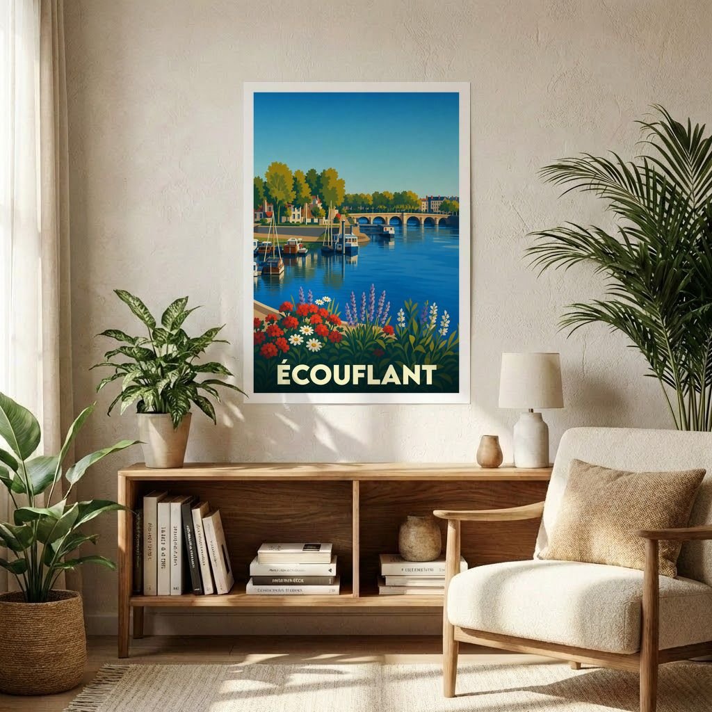 Affiche souvenir de la ville de Écouflant avec une illustration stylisée d'un paysage fluvial.