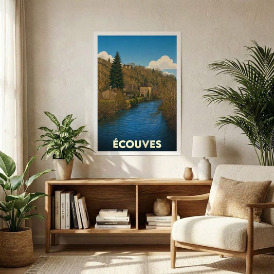 Affiche souvenir de la ville d'Écouves avec une illustration stylisée d'une rivière bordée de maisons et d'une forêt.