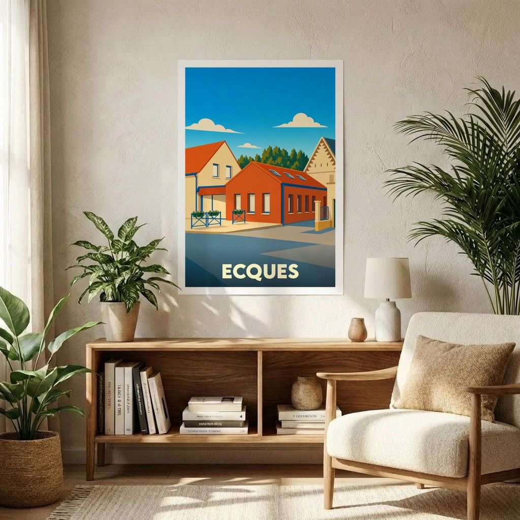Affiche souvenir de la ville de Ecques présentant une illustration stylisée et colorée de ses bâtiments locaux.