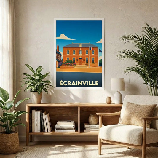 Affiche souvenir de la ville de Écrainville avec une illustration stylisée de sa mairie.