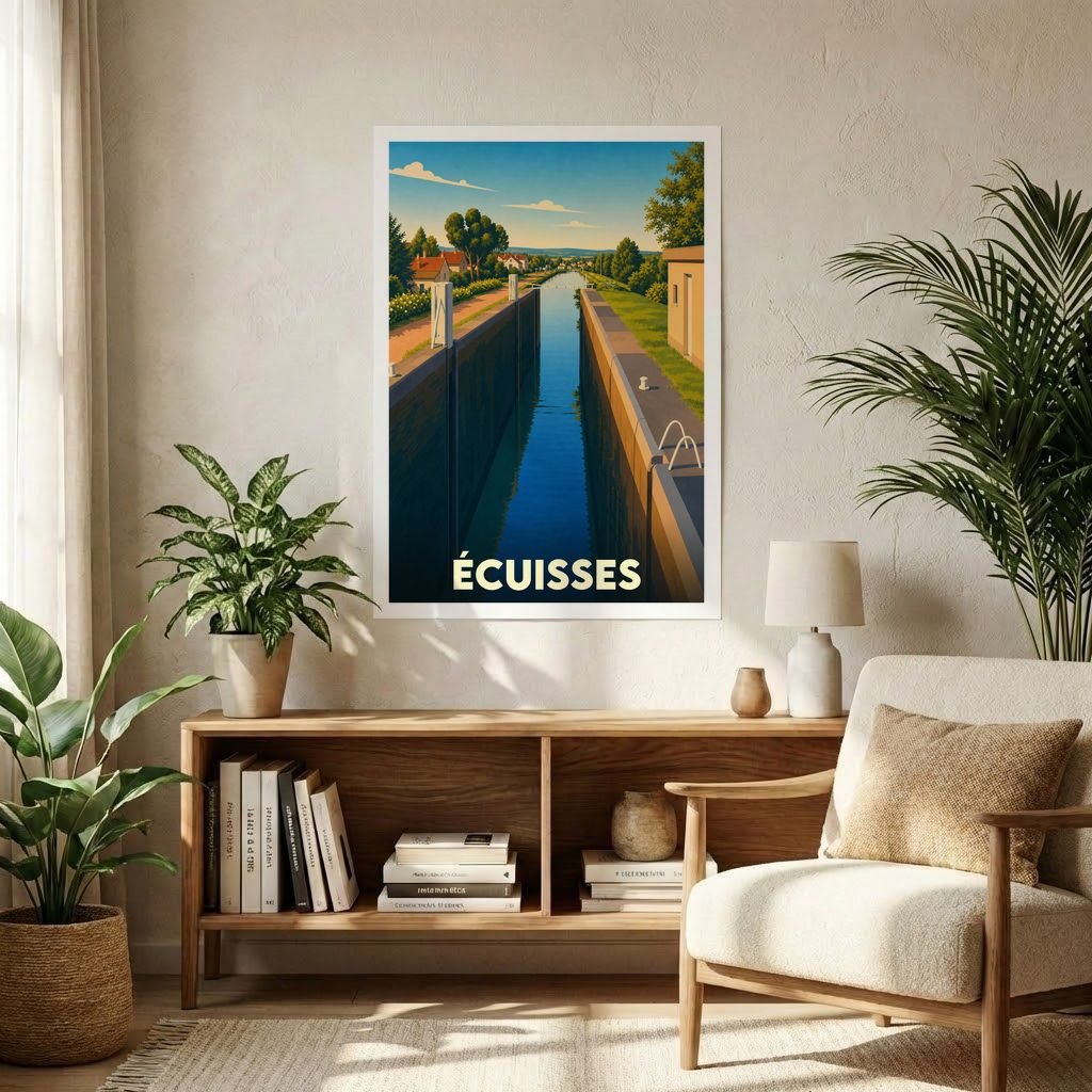 Affiche souvenir de la ville d'Écuisses représentant une illustration stylisée d'un canal et de ses écluses.