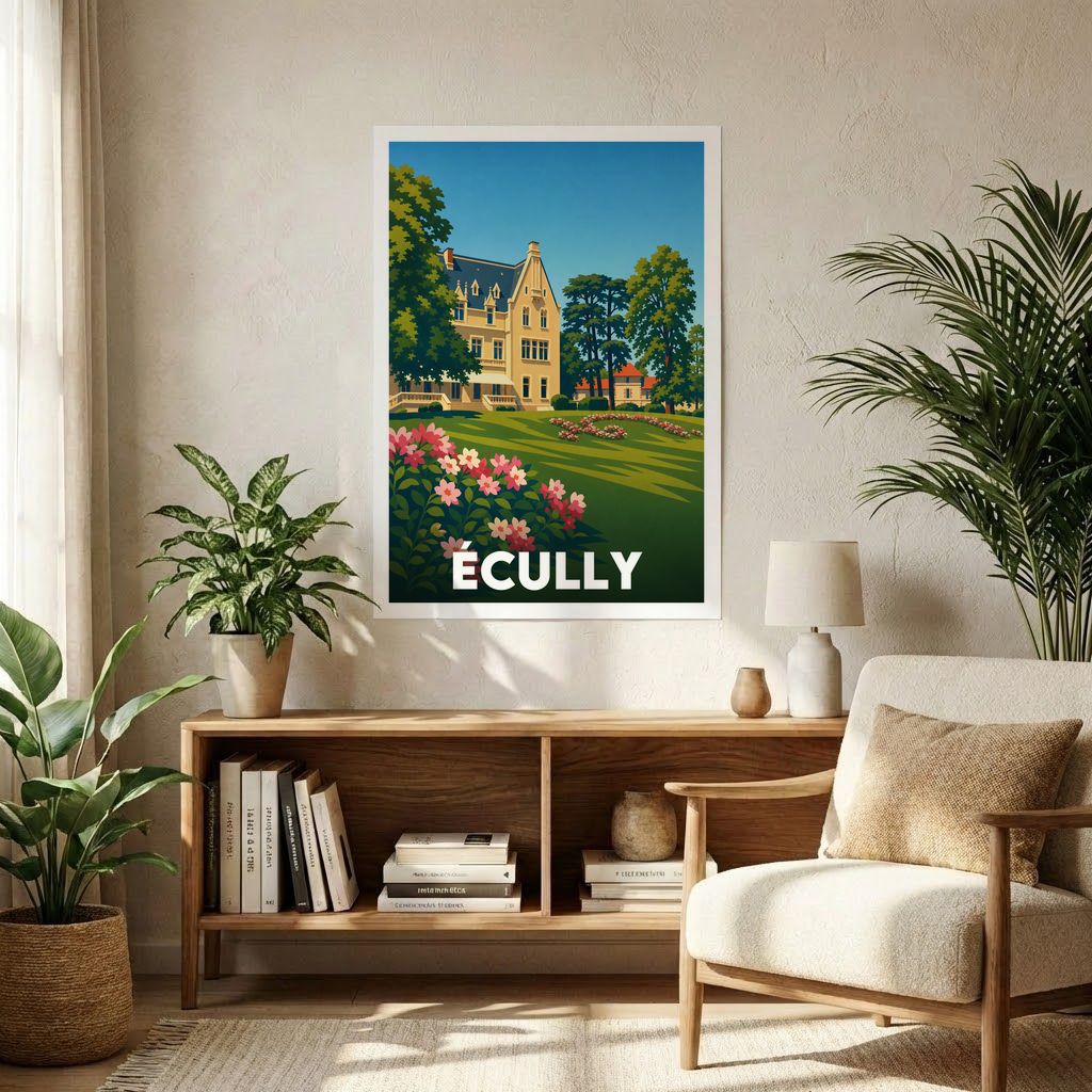 Affiche souvenir de la ville d'Écully avec une illustration stylisée de son architecture et de ses jardins.
