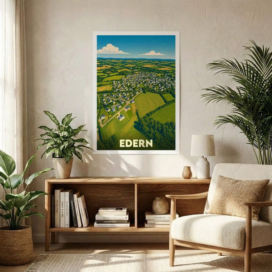 Affiche souvenir de la ville de Edern avec une illustration aérienne stylisée et colorée.