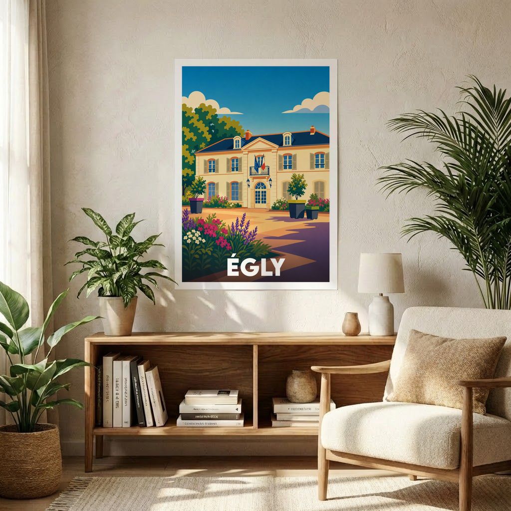 Affiche souvenir de la ville d'Égly avec une illustration colorée et stylisée de l'hôtel de ville.