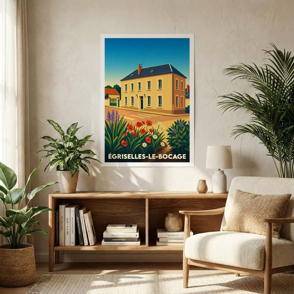 Affiche souvenir de la ville d'Égriselles-le-Bocage avec une illustration stylisée et colorée d'une maison de village.