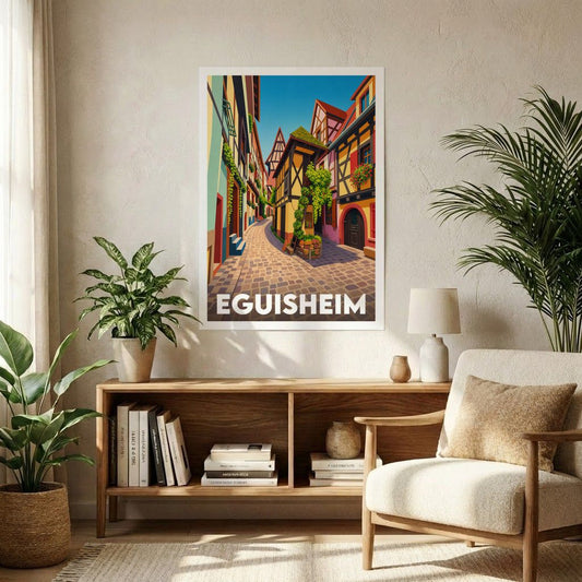 Affiche souvenir de la ville d'Eguisheim avec une illustration stylisée de ses maisons alsaciennes colorées.
