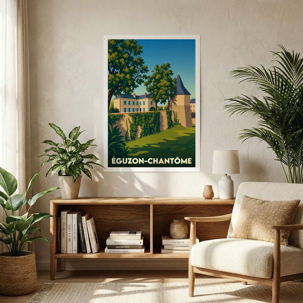 Affiche souvenir de la ville d'Éguzon-Chantôme avec une illustration stylisée et colorée.
